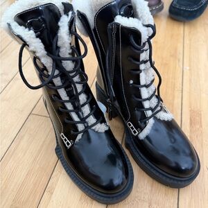 Coach Leah Black Patent Leather & Shearling Lace-Up Moto Boots